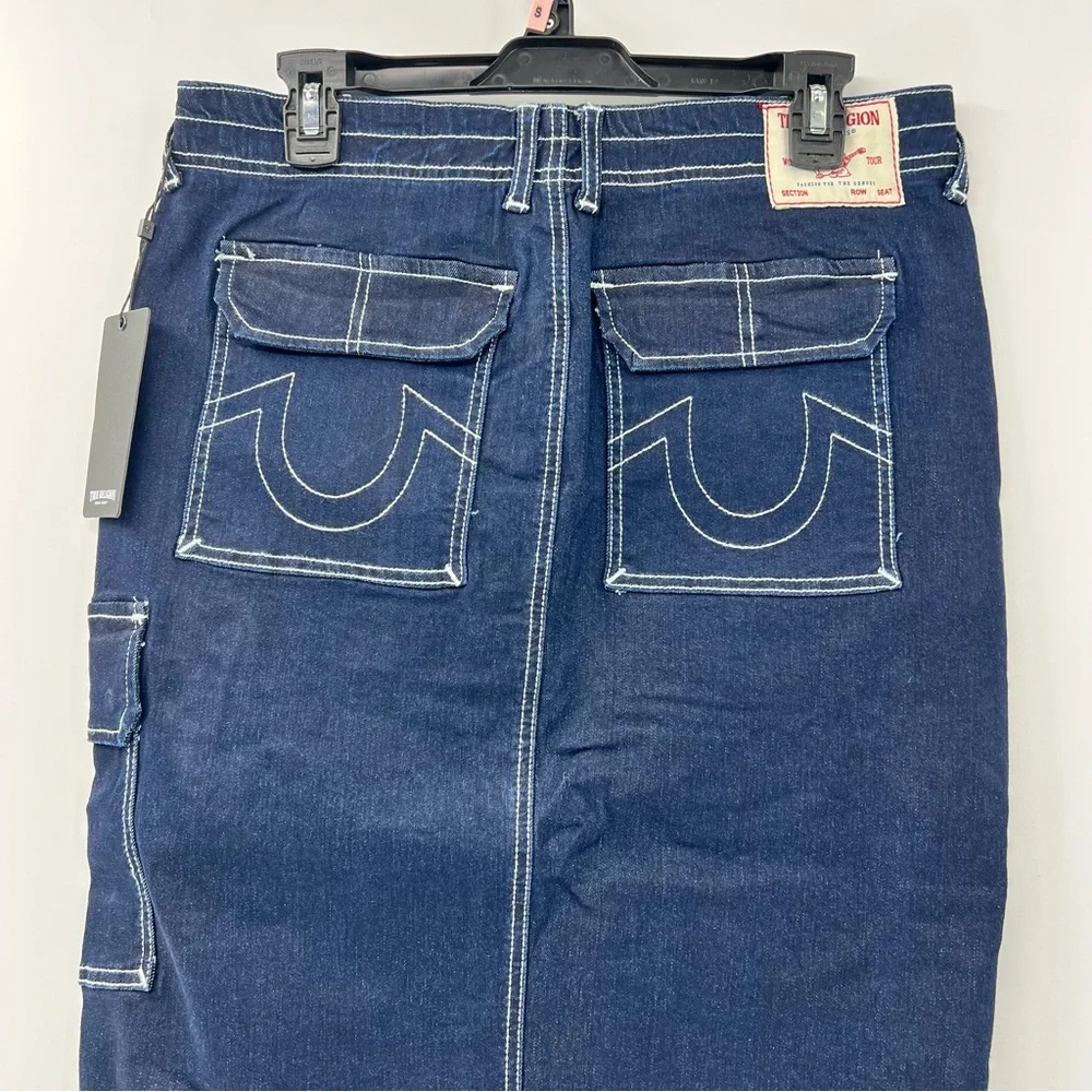 True Religion Cargo Denim Maxi Skirt 29 Dark Wash Y2K Utility NWT